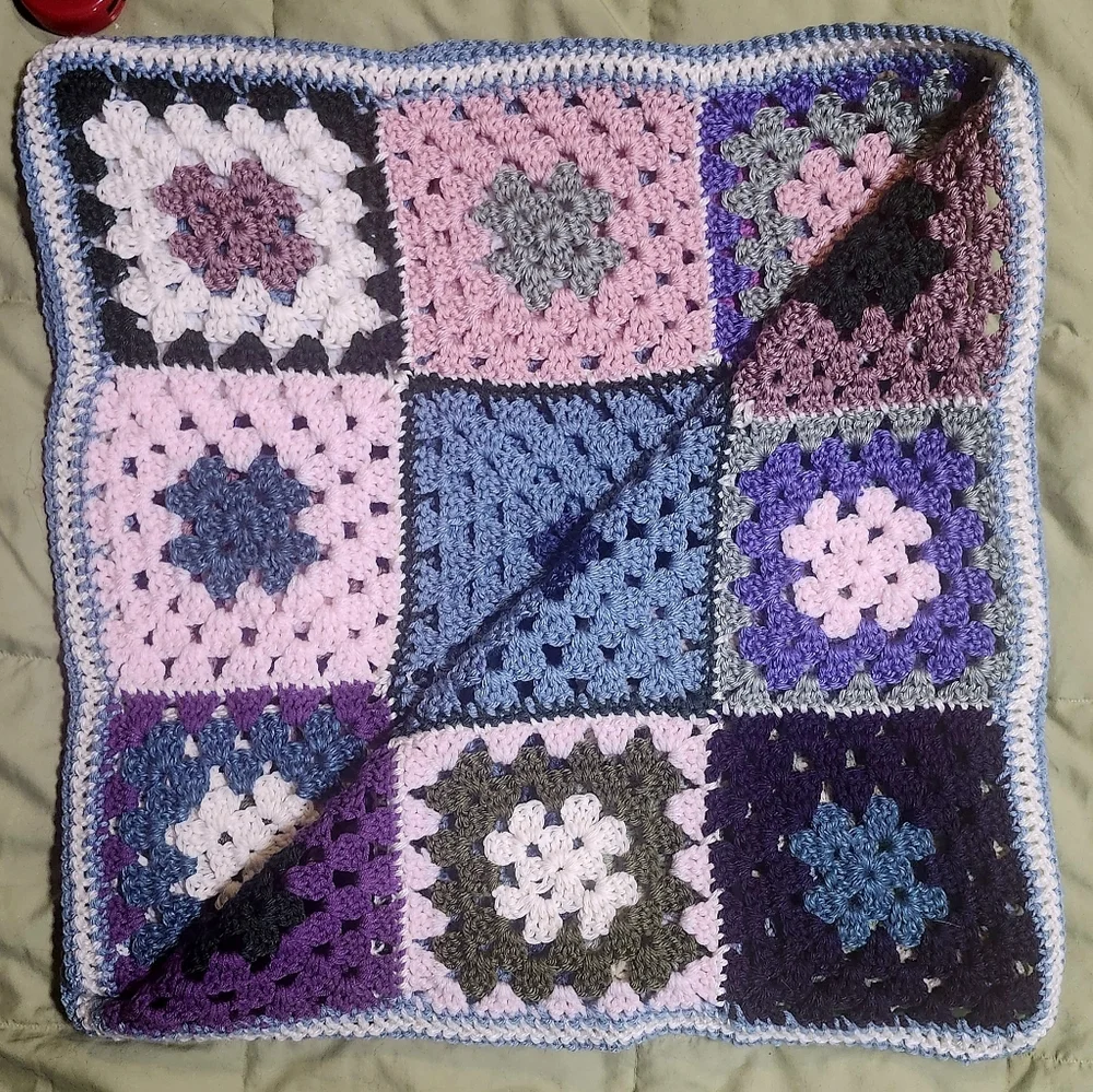 Homemade Purple, Pink, Sage Green 42" By 42" Crochet Blanket - Picture 2 of 6